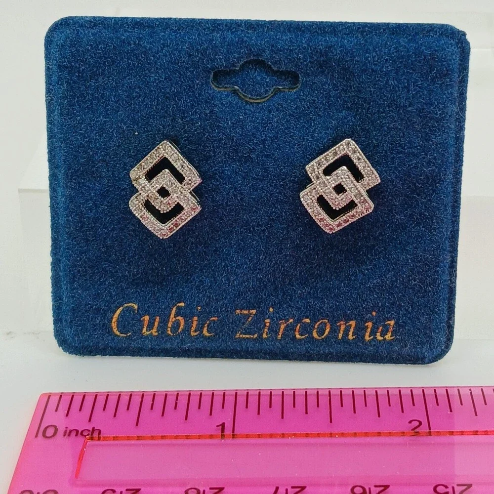 Vintage 1990s‎ Cubic Zirconia Interlocking Square Stud Earrings Silver Tone Rare